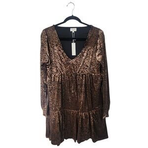 Gentle Fawn Verona Oxide Velvet Burnout Mini Dress Long Sleeve V-Neck Tiered XL